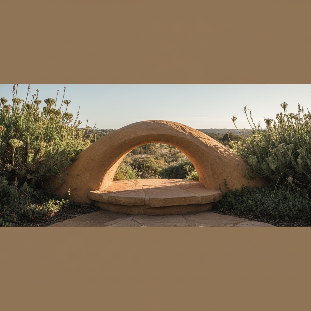 A symmetrical curved sandstone step detail in a garden with soft green planting either side