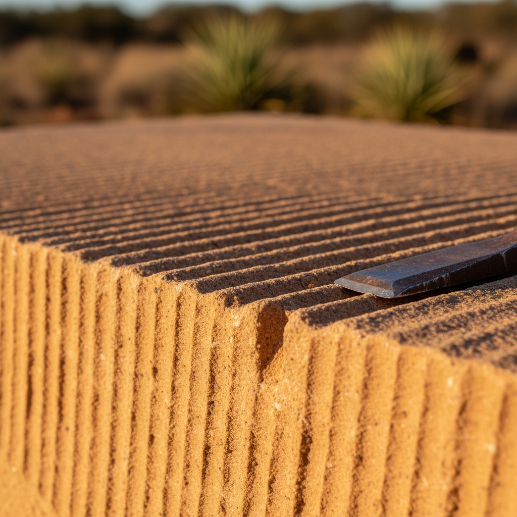 Macro detail of a stonemason's chisel marks across a cut sandstone face