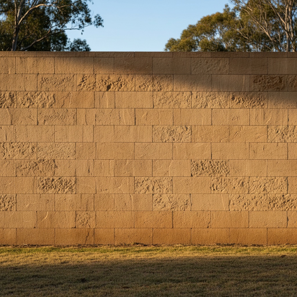 A hand-built sandstone wall of precisely cut ashlar blocks photographed straight on, warm honey stone in raking light